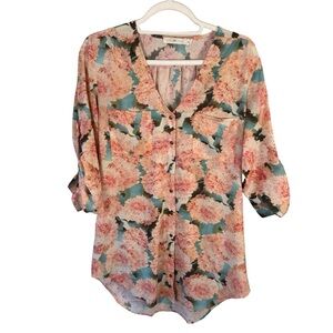 Quirky Circus Feminine Floral Button-Up Blouse - Pink and Green Size 10 Casual
